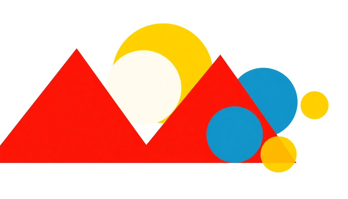A minimalist composition of overlapping geometric shapes in shades of blue, red, and yellow, conveying the fluctuating and uncertain nature of gas prices and the global oil market.