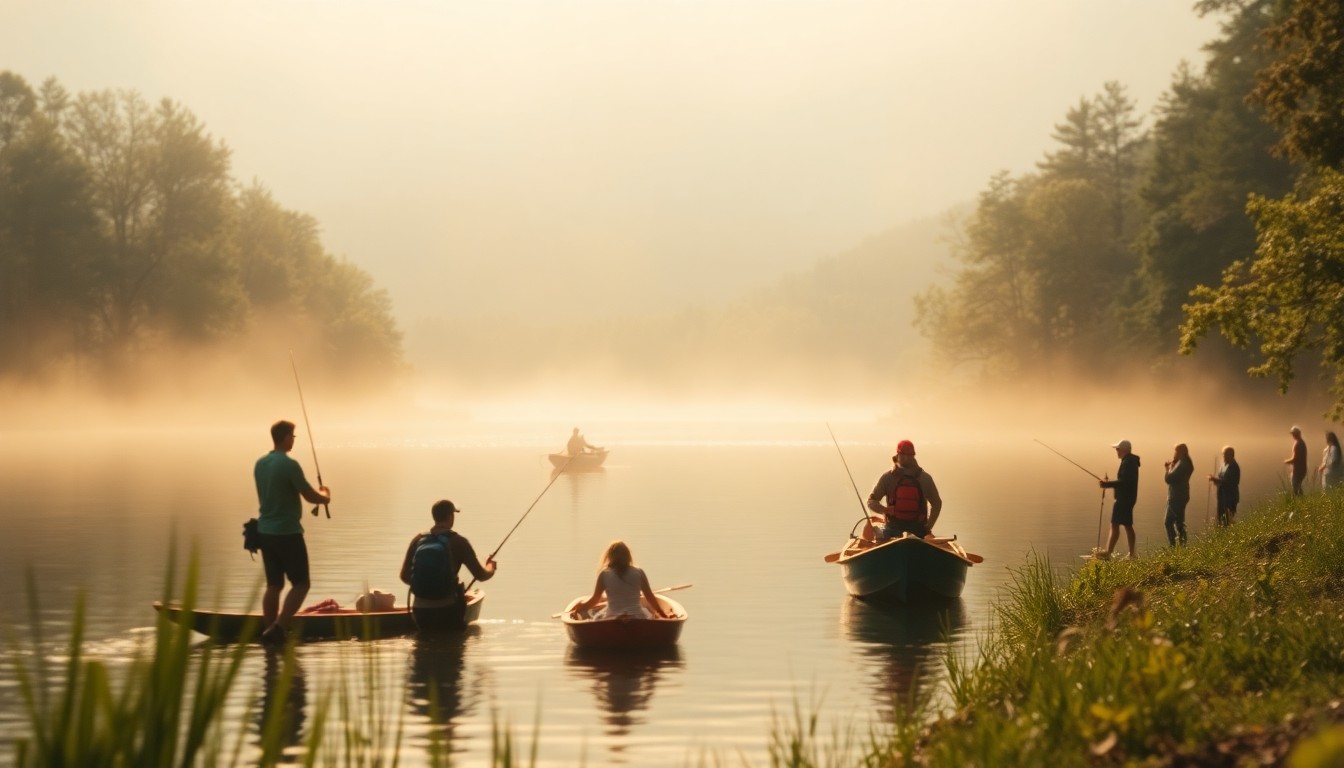 An abstract, out-of-focus photograph depicting people enjoying outdoor activities on a serene lake, with the surrounding landscape blurred into soft, warm pools of color and light.