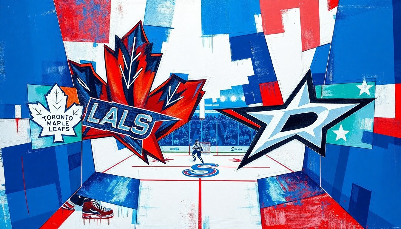 A cubist, geometric painting depicting a hockey game between the Toronto Maple Leafs and Dallas Stars, with the players and action broken down into sharp, overlapping planes of vibrant blue, red, and white colors.