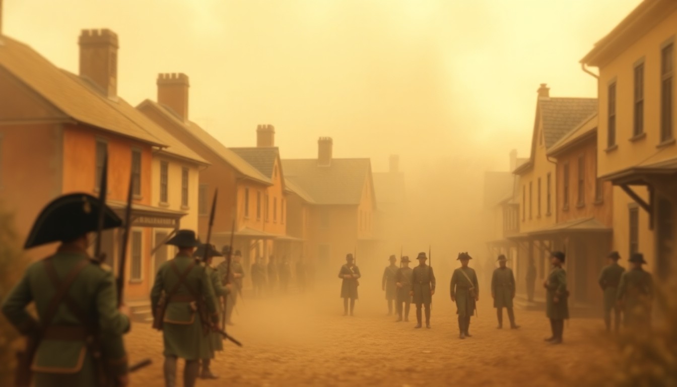 An impressionistic, out-of-focus photograph depicting the blurred silhouettes of 18th century colonial buildings and soldiers in period uniforms, conveying the hazy, atmospheric quality of a historical reenactment.