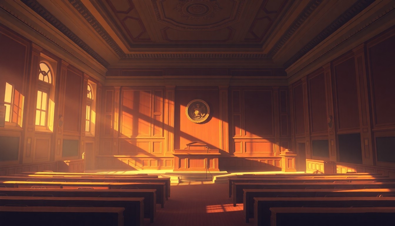 A dimly lit, cinematic painting of an empty city council chamber with warm sunlight streaming through the windows, creating dramatic shadows across the wooden desks and chairs, conveying a sense of quiet contemplation and civic responsibility.