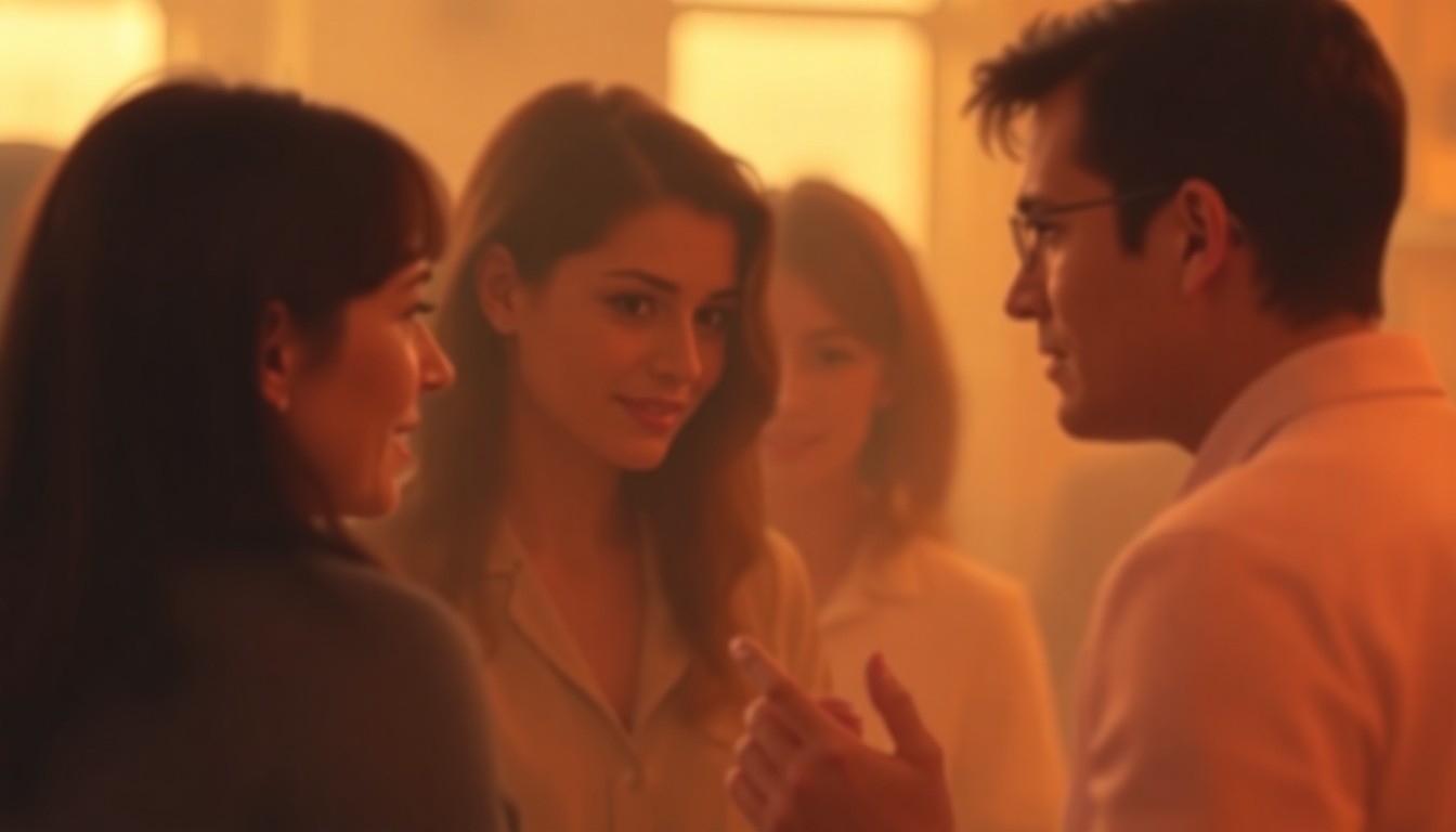 A blurred, impressionistic photograph showing the silhouettes of several people engaged in conversation, their features indistinct but the sense of thoughtful exchange palpable.