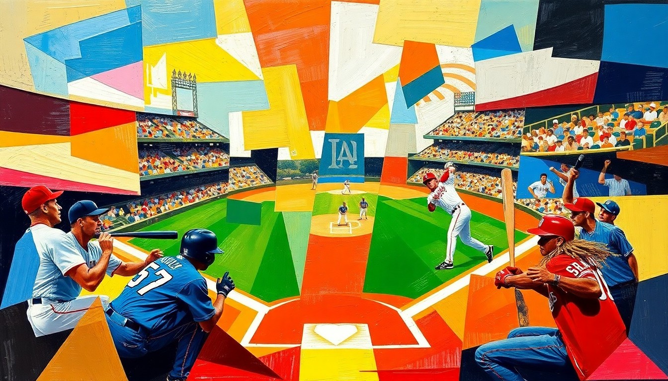 A cubist, geometric painting depicting a baseball game or match, with overlapping planes of vibrant colors representing the teams, capturing the dynamic energy and competitive spirit of the sport.