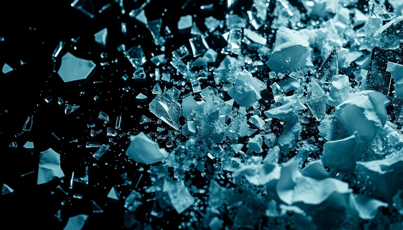 An abstract close-up image featuring shattered glass and crumpled paper textures in high-contrast studio lighting, conceptually representing the fragility and chaos of a media scandal.