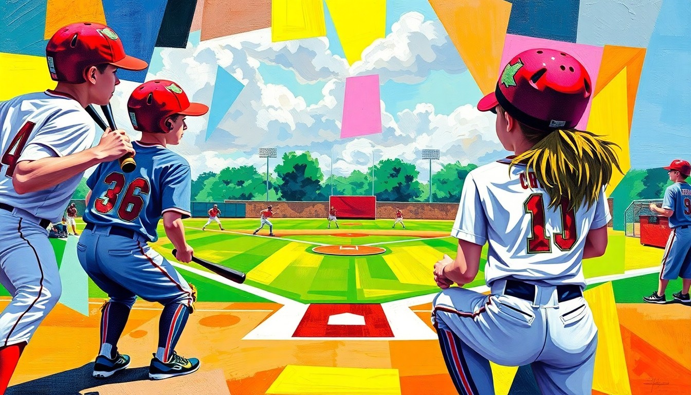 A fractured, geometric painting depicting the action and energy of a high school softball game, with sharp planes of players, bats, and the field rendered in vibrant colors.