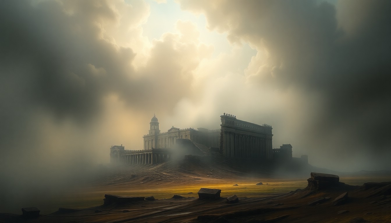 A sweeping, atmospheric landscape painting in muted tones, with a partially obscured collapsed building in the foreground, conveying the overwhelming scale and power of the natural world.