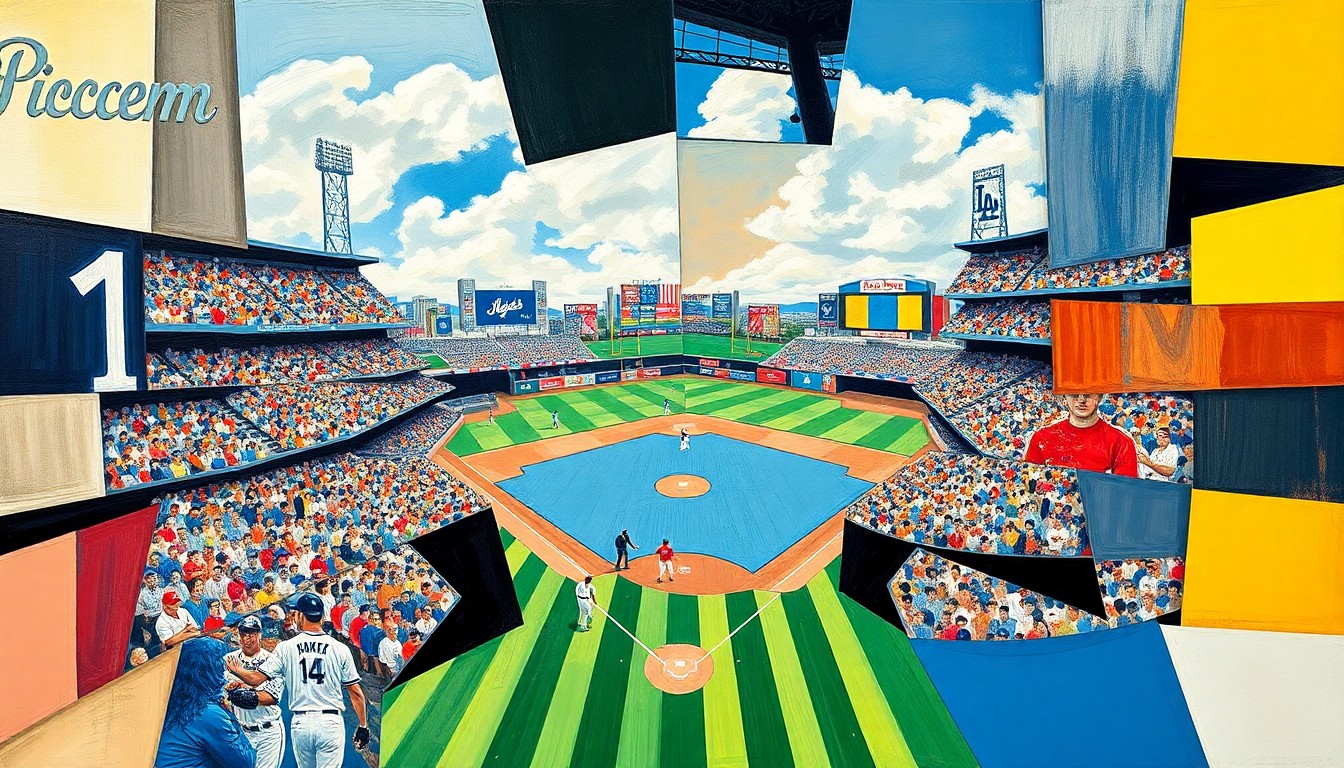A cubist, geometric painting depicting a baseball game between the Mets and Dodgers, with players and the field broken down into sharp, overlapping planes of color and shape, capturing the raw energy and movement of the sport.