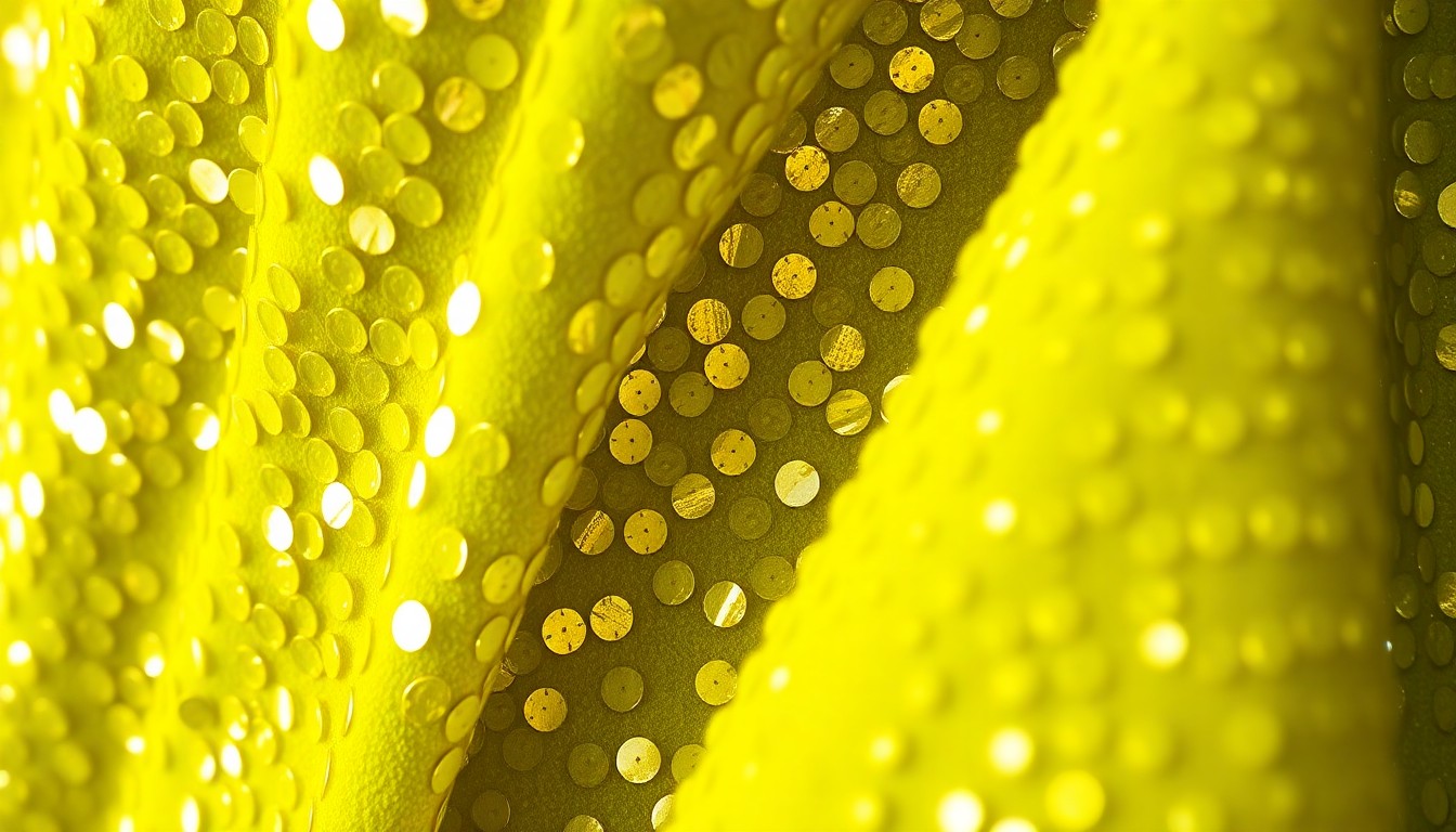 An abstract, high-contrast close-up image of luxurious chartreuse sequins and velvet textures, capturing the glamorous and eye-catching nature of Meghan Markle's dress at the Netflix party.