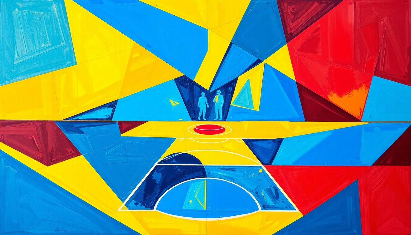 A cubist-style painting featuring overlapping geometric shapes and planes in shades of blue, yellow, and red, conceptually representing the strategic and analytical approach Damon Stoudamire will bring to the LSU basketball program.