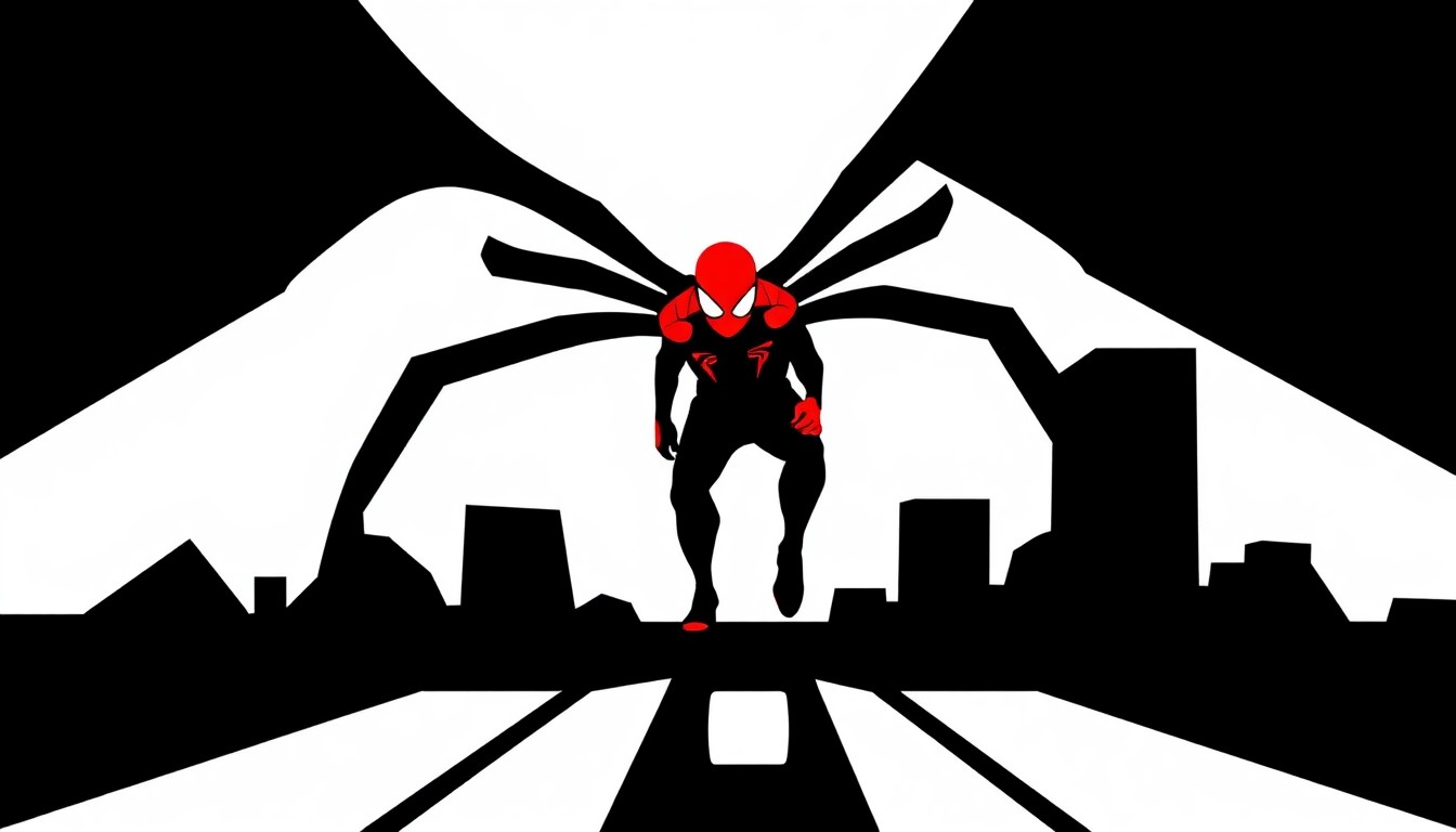 An abstract, minimalist illustration featuring bold, jagged shapes and stark silhouettes in high-contrast colors, conceptually representing the darker, more grounded tone of the upcoming Spider-Man film.