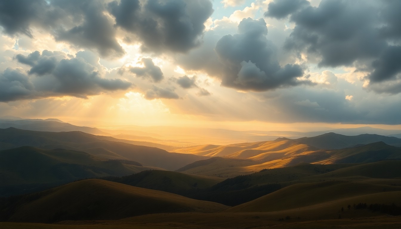 A sweeping, atmospheric landscape painting in muted tones of green, gold, and grey, with dramatic clouds and rays of warm sunlight breaking through, conveying the overwhelming scale and power of the natural world.