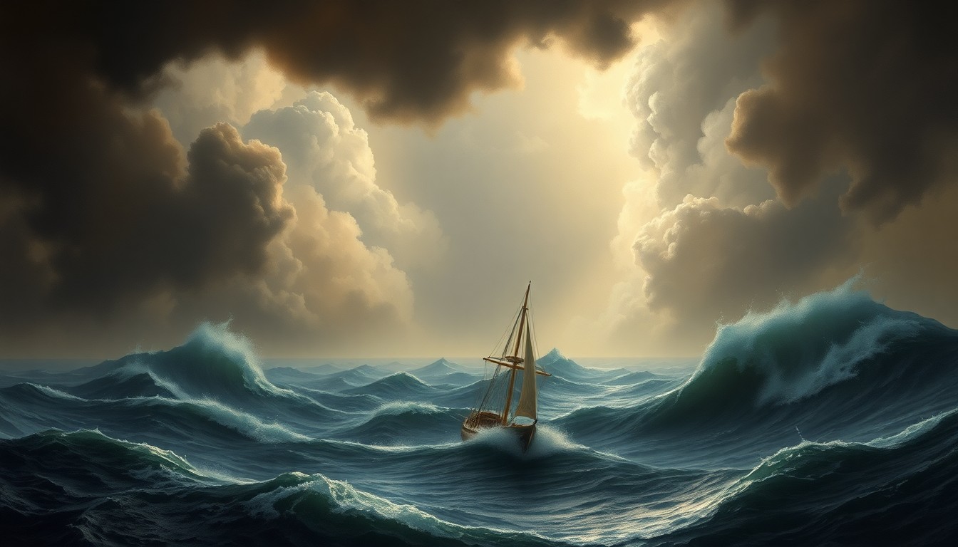 A sweeping, atmospheric landscape painting in muted tones of gray, blue, and green, depicting a small overturned sailboat dwarfed by towering waves and ominous clouds, conveying the overwhelming scale and power of the natural environment.