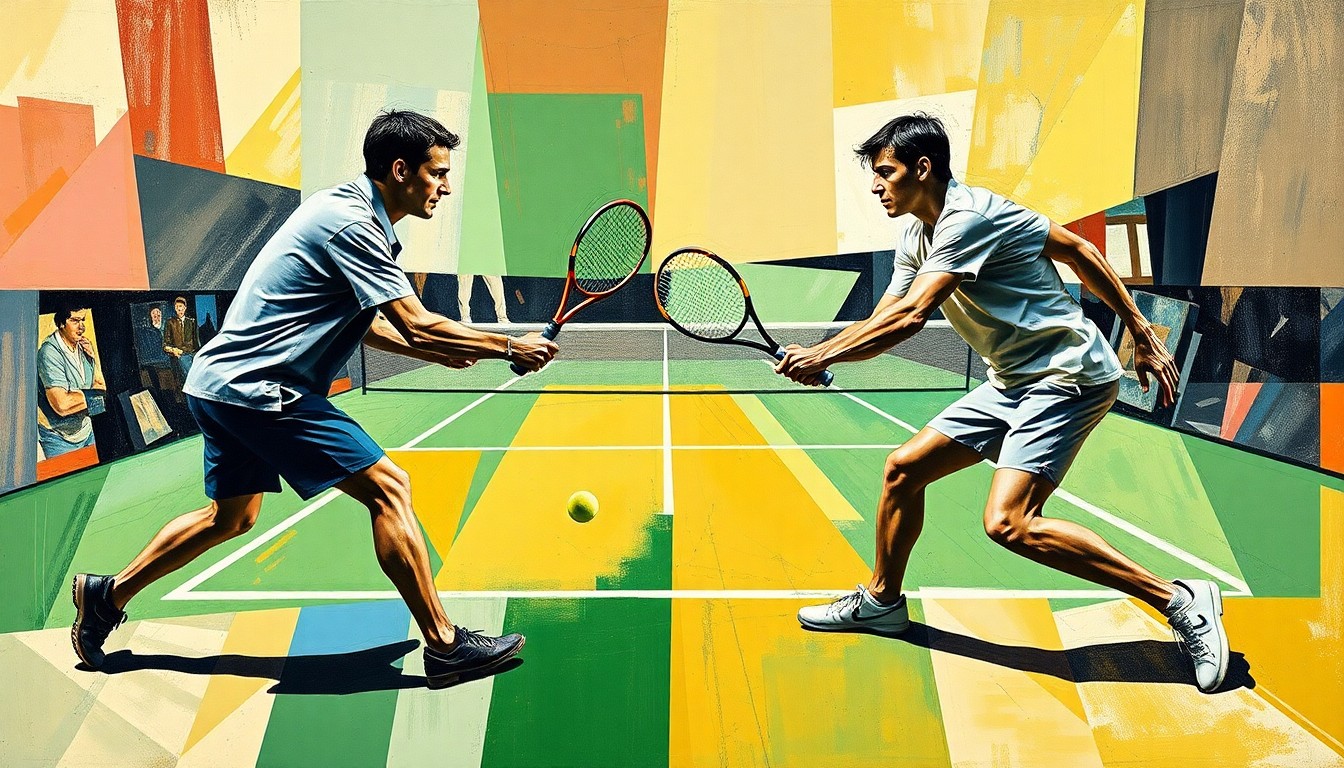 A fractured, geometric painting depicting the physical struggle and emotional tension of a tennis match, with the players' forms broken down into sharp, overlapping planes of color and shape.