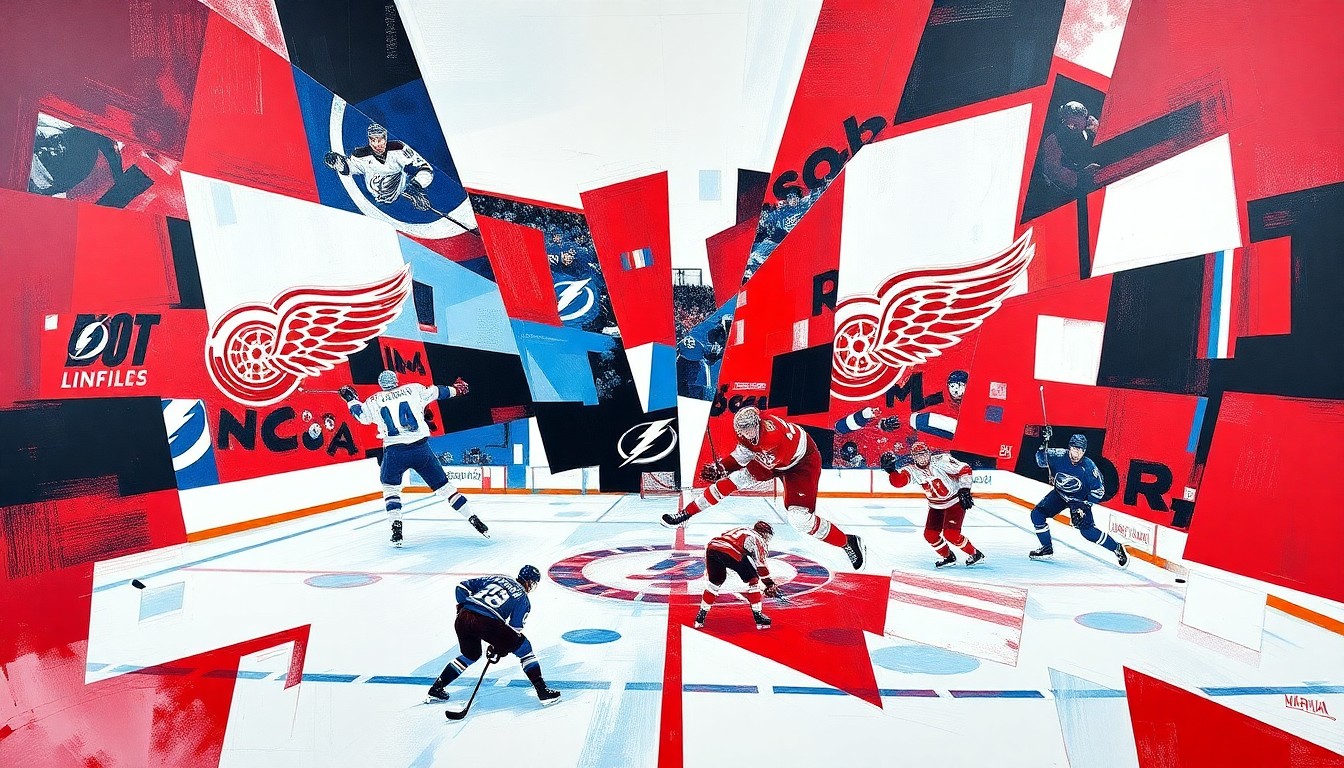 A cubist, geometric painting depicting a hockey game between the Detroit Red Wings and Tampa Bay Lightning, with sharp, overlapping planes of color representing the players and action on the ice.