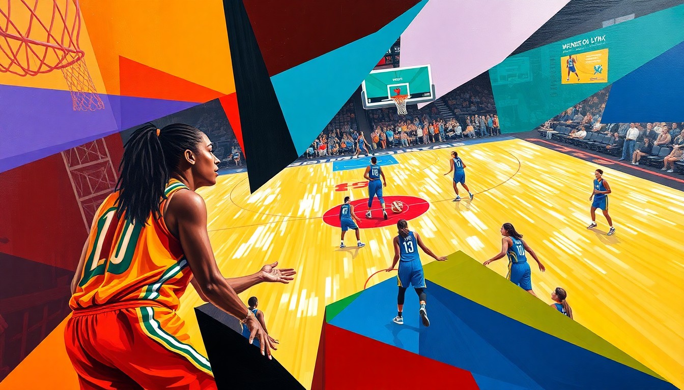 A fractured, cubist-style painting depicting the dynamic action of a WNBA basketball game, with the vibrant colors of the Dallas Wings and Minnesota Lynx uniforms breaking down into sharp, overlapping geometric shapes and planes.