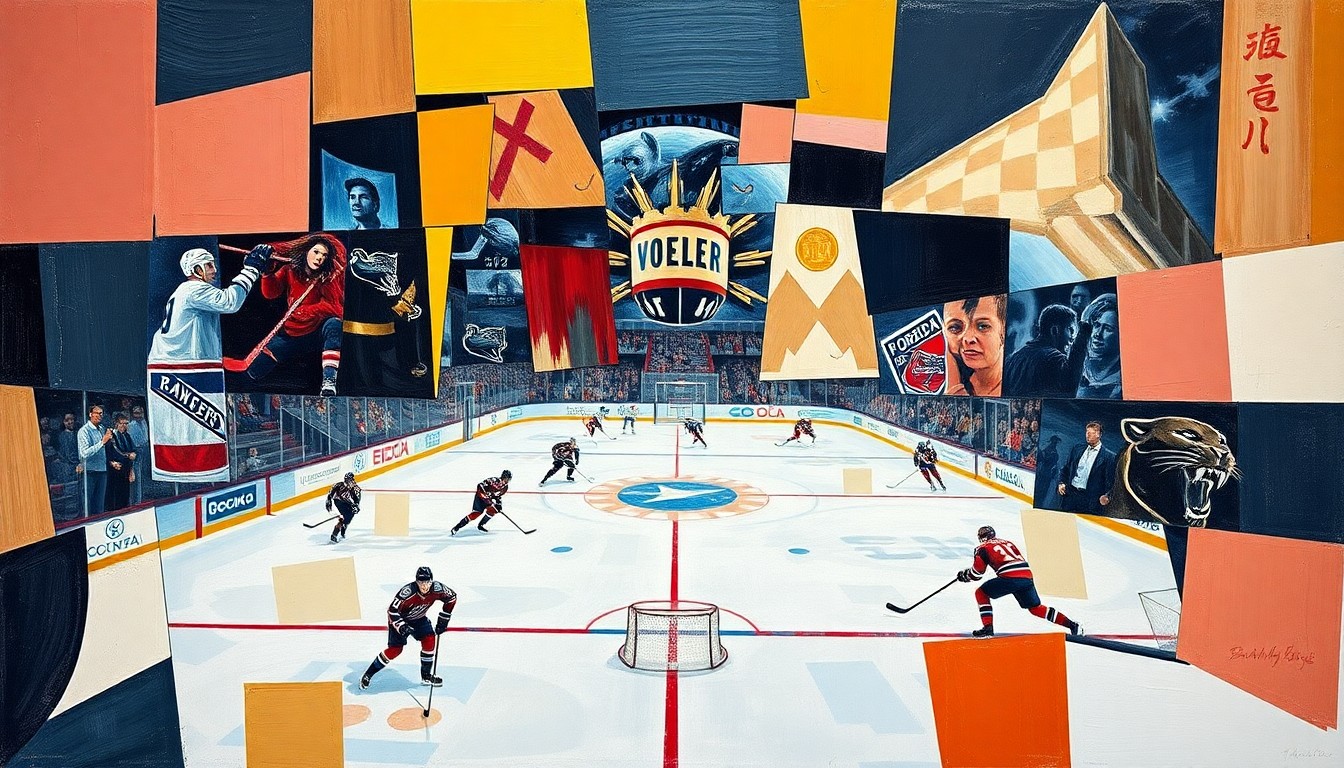 A cubist, geometric painting depicting a hockey game between the New York Rangers and Florida Panthers, with the players and arena broken down into sharp, overlapping shapes and planes of color.