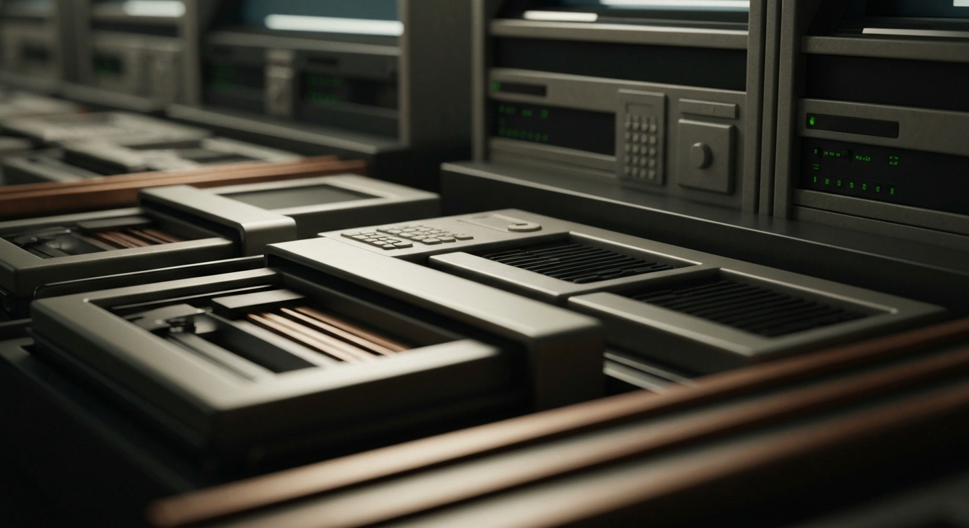An extreme close-up of complex banking and computing hardware, conveying the intricate financial infrastructure that supports the government contracting industry in a muted, industrial style.