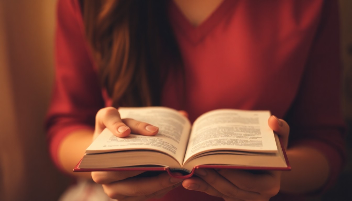 An extremely abstracted, out-of-focus photograph in soft pools of warm light and color, depicting a person's hands holding an open book, symbolizing the pursuit of creative dreams.