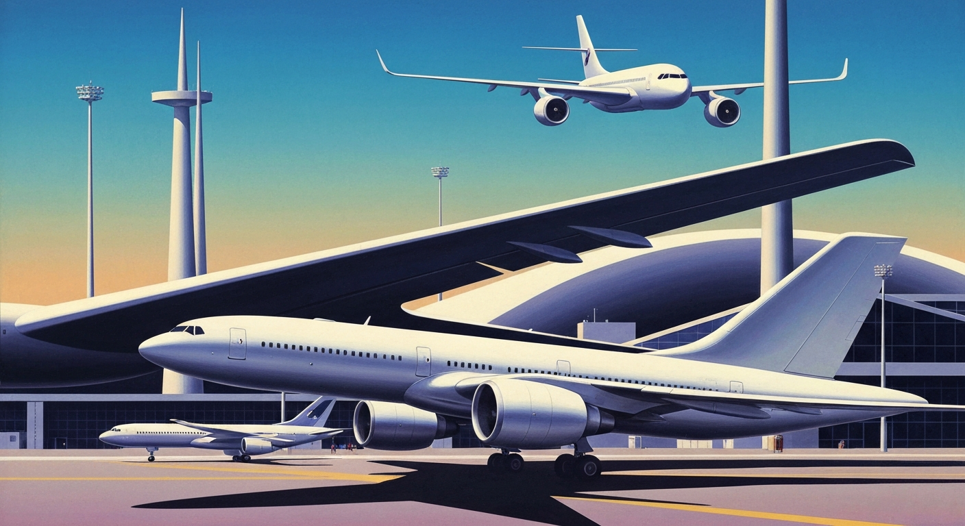 A bold, geometric illustration depicting the sweeping, streamlined form of a modern aircraft against a backdrop of towering, monumental airport architecture, capturing the grand scale and romance of air travel in an abstract, stylized manner.