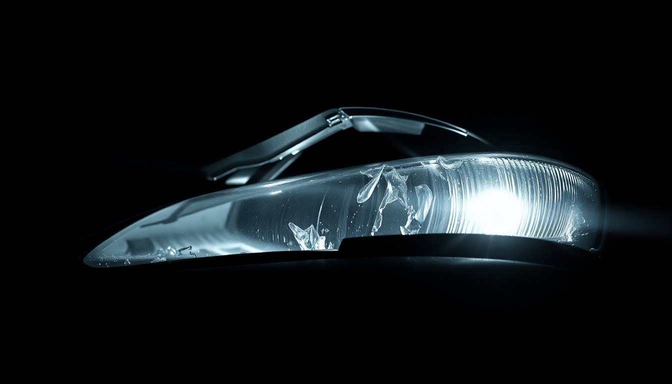 An extreme close-up photograph of a twisted, damaged car part lit by a harsh, direct camera flash against a pitch-black background, conveying the gritty aftermath of the crash.