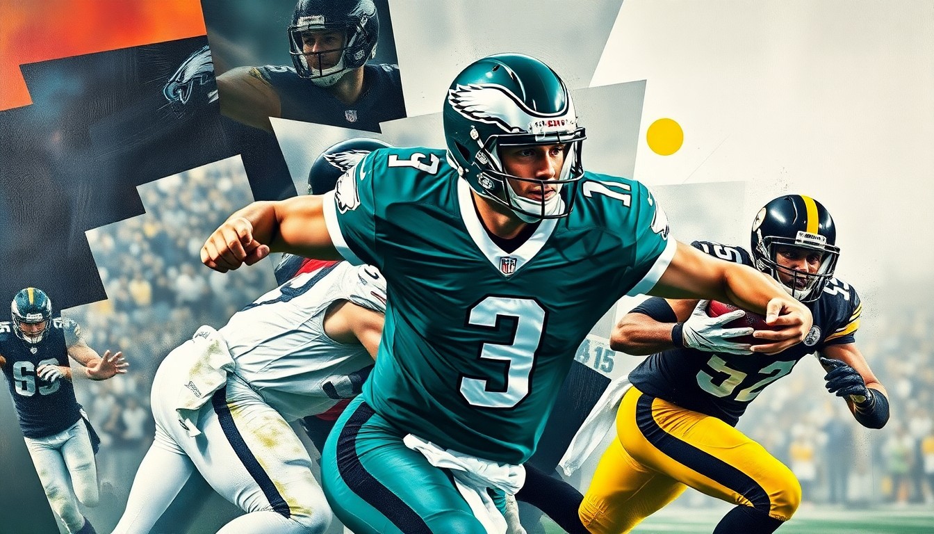 A fractured, geometric painting depicting a football player in the midst of a pass rush, with sharp planes of green, black, and gold colors representing the Eagles and Steelers uniforms.
