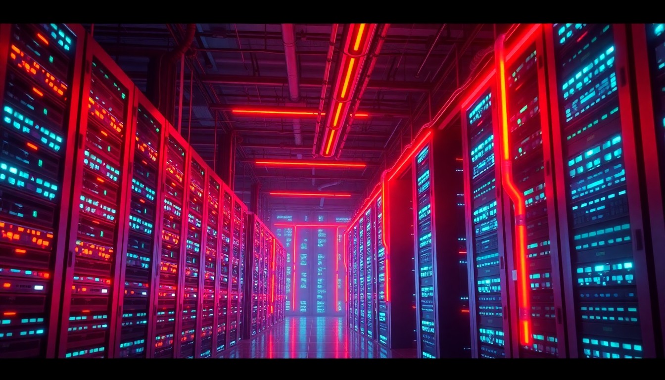 A highly detailed, 3D illustration of a massive, glowing data center server farm, with towering racks of blinking hardware and snaking cooling pipes, conveying the industrial scale and environmental toll of the booming data center industry.
