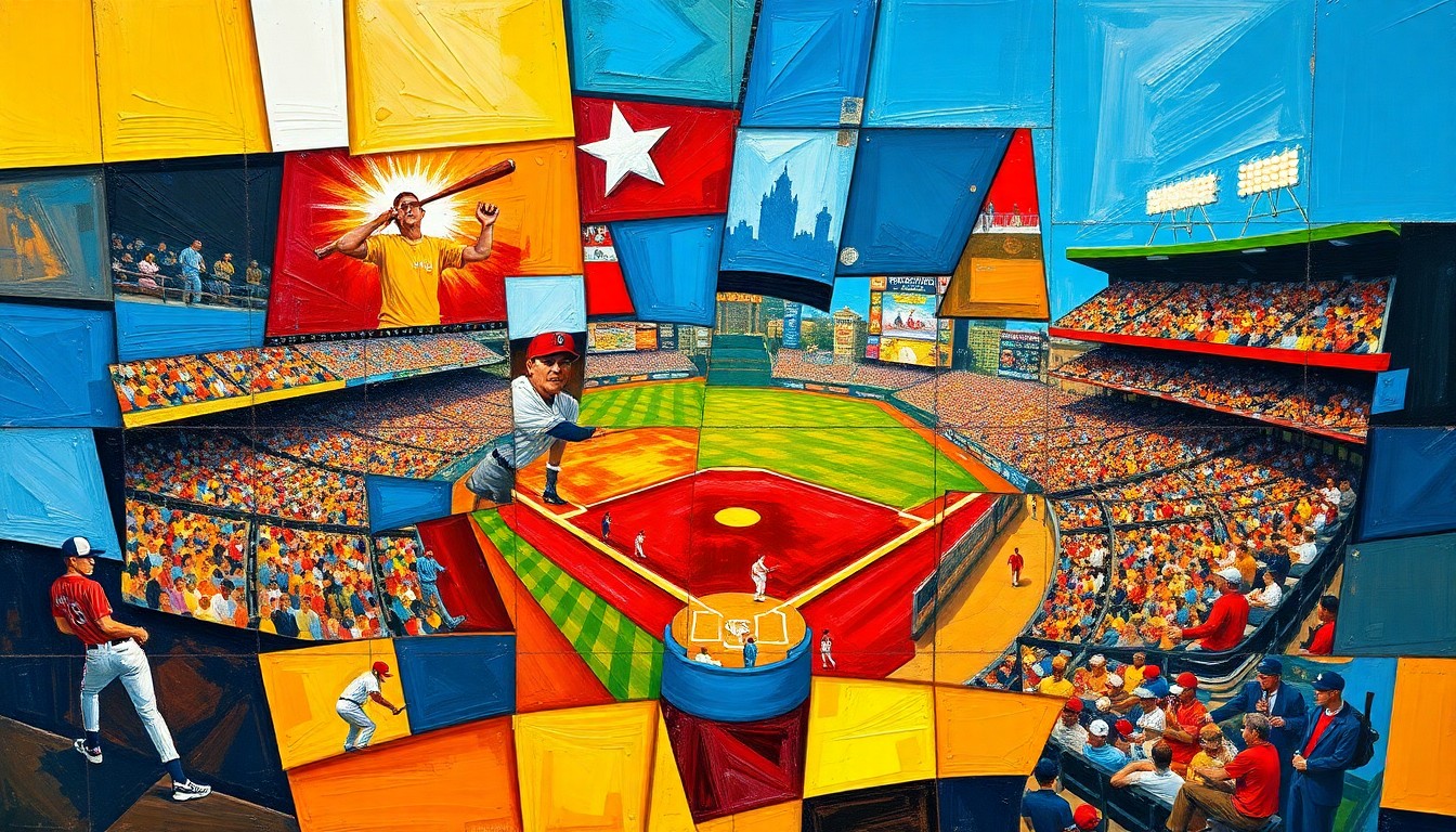 A cubist, geometric painting depicting a baseball game or match, with sharp, overlapping planes of color representing the dynamic action on the field.