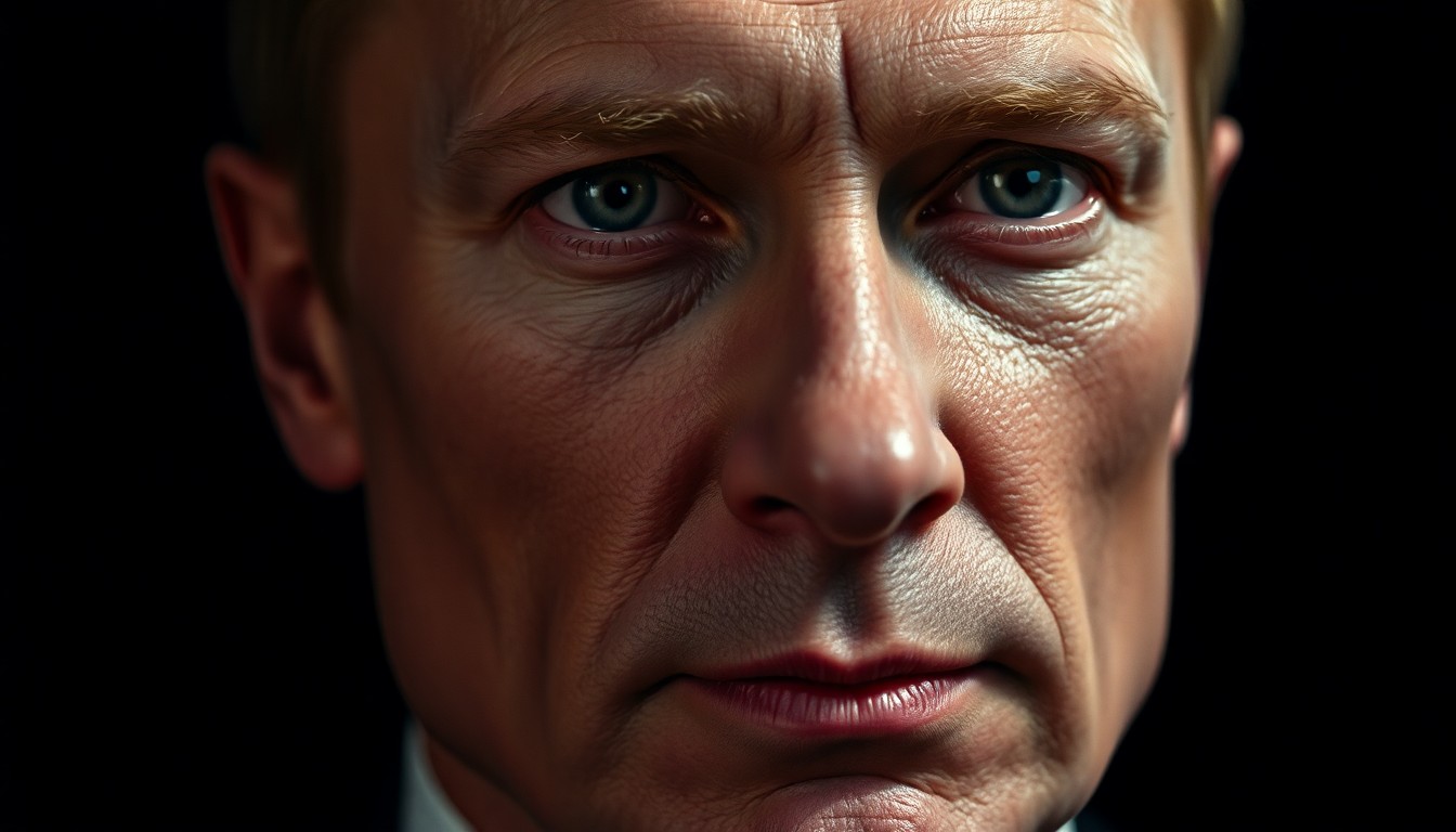 An extreme close-up photograph of Jude Law's face, captured in dramatic high-contrast studio lighting. The image focuses on the intricate textures and details of Law's skin, makeup, and costume, abstracting his features to emphasize the transformation into the character of Vladimir Putin.