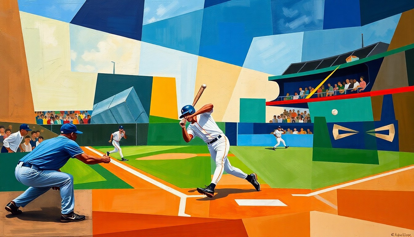 A fractured, multi-perspective painting in the style of Pablo Picasso, breaking down the movements and energy of a baseball game into sharp, overlapping geometric planes in shades of blue, green, and orange.