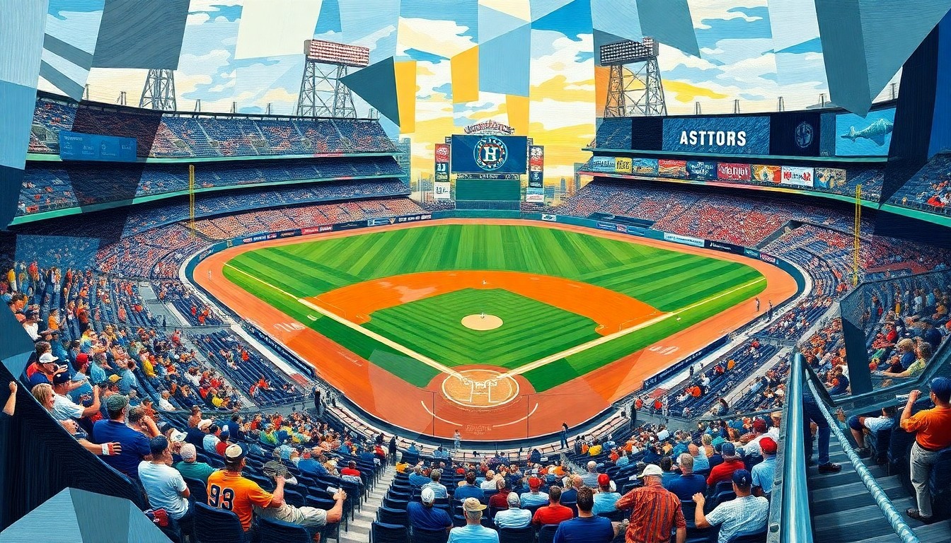 A cubist-style painting featuring overlapping geometric shapes and planes in shades of blue, red, and yellow, capturing the energy and movement of a baseball game in an abstract, fragmented manner.