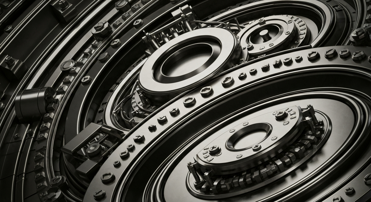 An extreme close-up of a heavy, industrial-looking financial mechanism, such as a bank vault door or electronic trading console, rendered in dramatic lighting and high detail to represent the operational efficiency and technological capabilities that Pinnacle Wealth Management has gained by joining Ameriprise Financial.