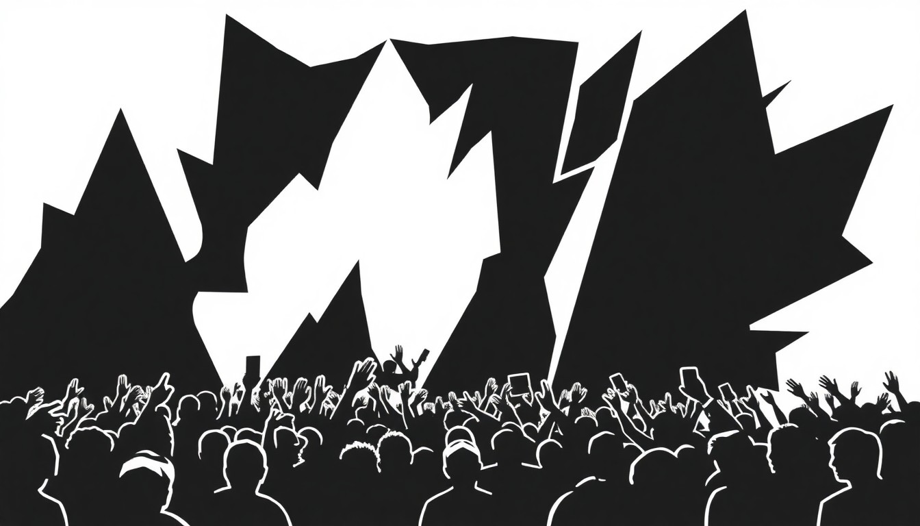 An abstract, minimalist composition of sharp, angular black shapes against a stark white background, conveying the dynamic energy and diverse experiences of a major music festival.