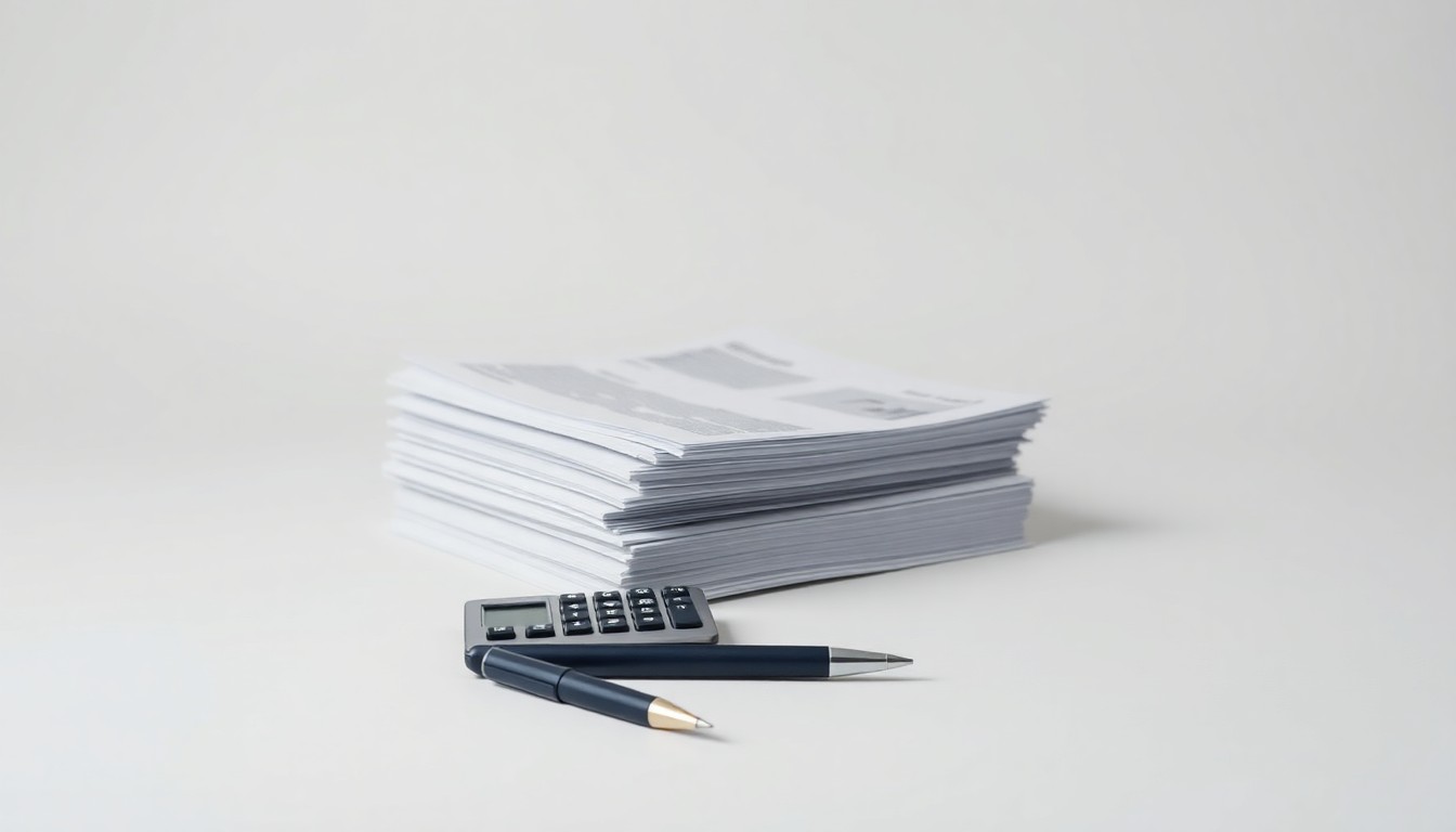 A high-end, photorealistic studio still-life photograph featuring a stack of neatly organized financial documents, a calculator, and a pen resting on a clean, monochromatic seamless background, conceptually representing New Orleans' responsible fiscal management.