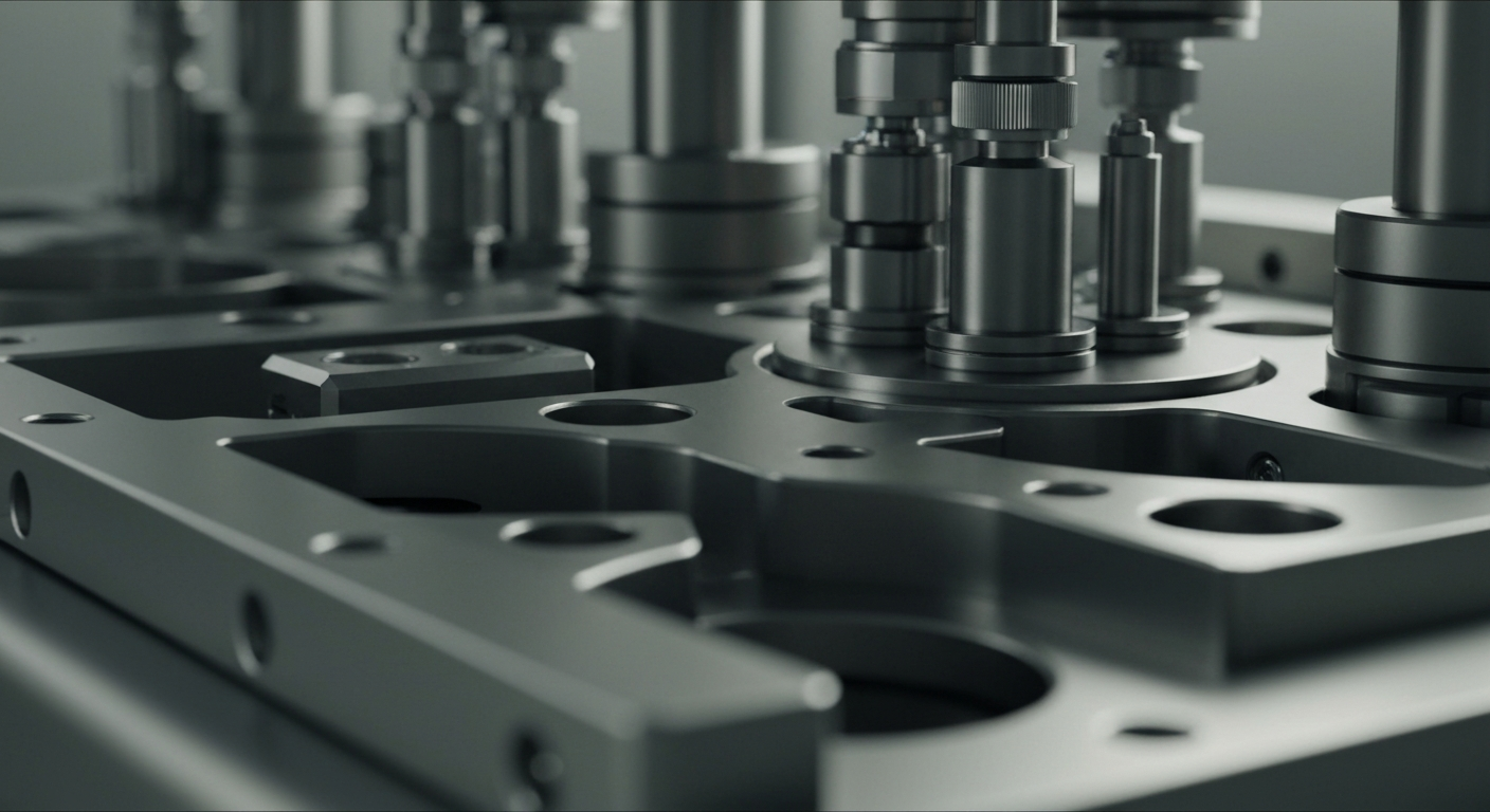 An extreme close-up of a highly detailed, industrial-looking medical device or laboratory equipment, capturing the intricate mechanics and advanced technology behind Kodiak Sciences' innovative retinal therapies.