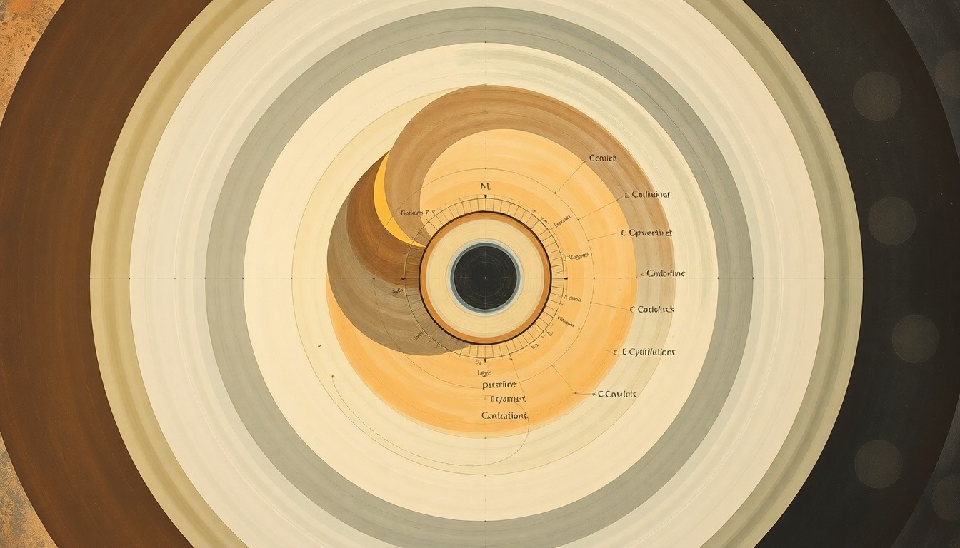 A highly structured abstract painting in soft, earthy tones featuring sweeping geometric arcs, concentric planetary circles, and precise botanical spirals, conceptually representing the cosmic forces and celestial phenomena that Lubowich dedicated his life to studying and sharing with others.