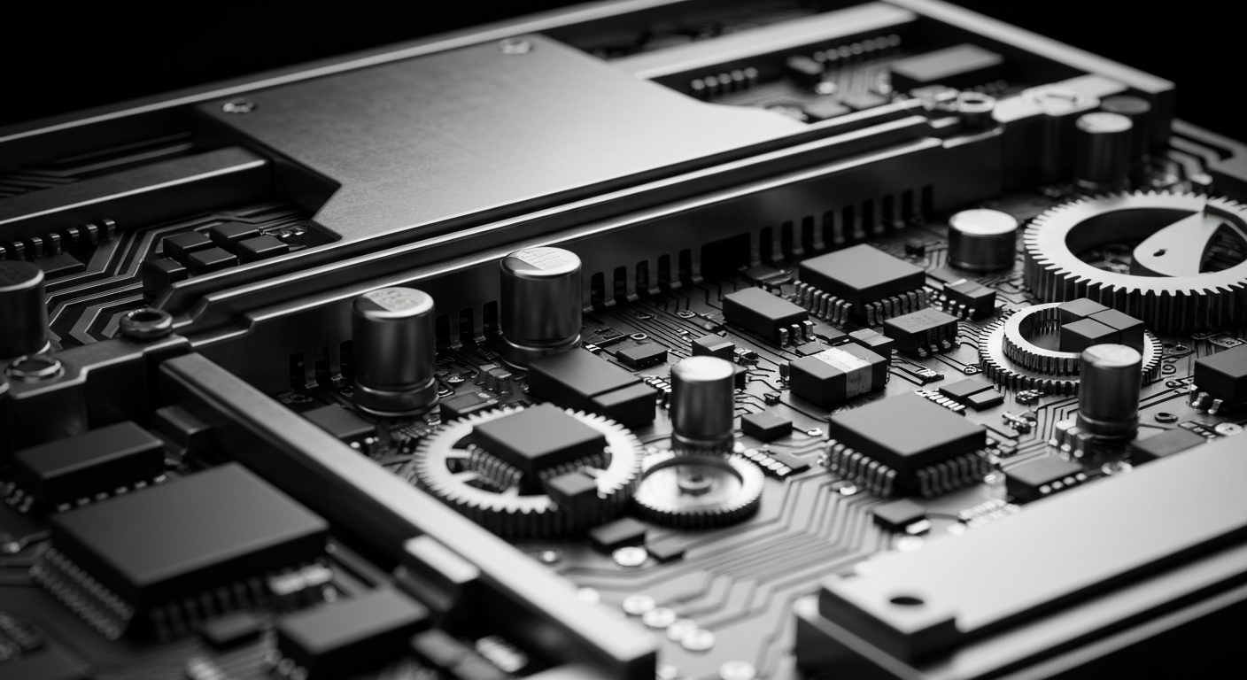 A high-contrast, cinematic close-up of the complex inner workings of a computer chip, with gears, circuits, and metallic components rendered in a dramatic, industrial style that evokes the powerful, wordless visual metaphor of the technological foundations of the digital age.