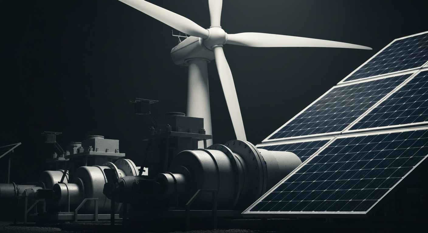 An extreme close-up of various renewable energy equipment and machinery, such as wind turbine blades, solar panels, and hydroelectric generators, dramatically lit against a dark background, conceptually representing the company's diversified renewable energy portfolio.