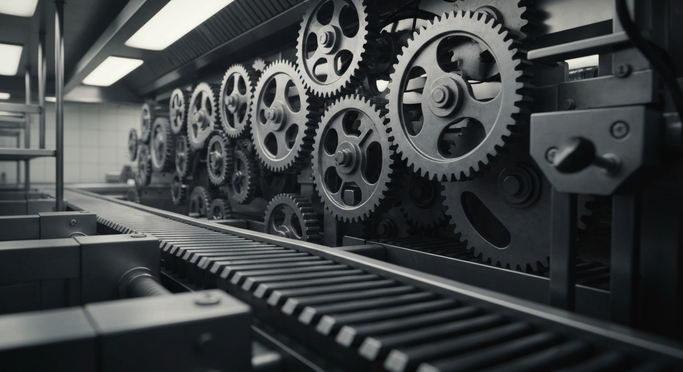 A close-up view of the industrial machinery and equipment used in a fast-food kitchen, with gears, conveyor belts, and other components visible, conceptually representing the scale and complexity of Wendy's operations.