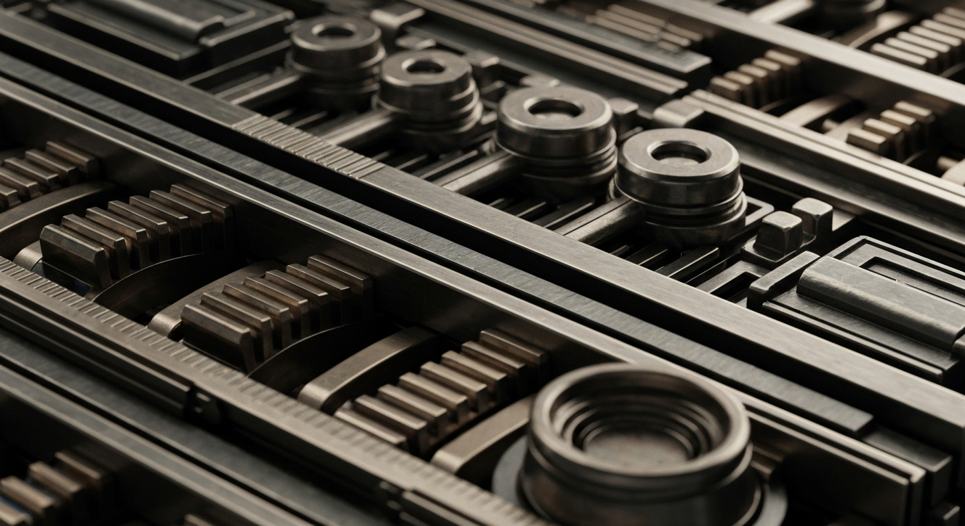 An extreme close-up of gears, pipes, and other heavy industrial machinery in shades of steel gray, bronze, and black, conceptually representing the complex financial and technological infrastructure behind LGN's engineering services.
