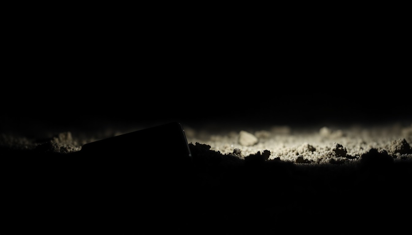 An extreme close-up photograph of a small, unidentified metal object partially buried in the dirt, lit by a harsh, direct camera flash against a pitch-black background, creating a stark, gritty, investigative aesthetic.