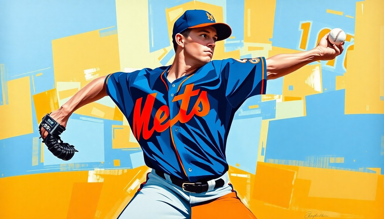 A cubist-style painting depicting a baseball pitcher's motion broken down into sharp, overlapping geometric shapes and planes in the Mets' team colors of blue and orange.