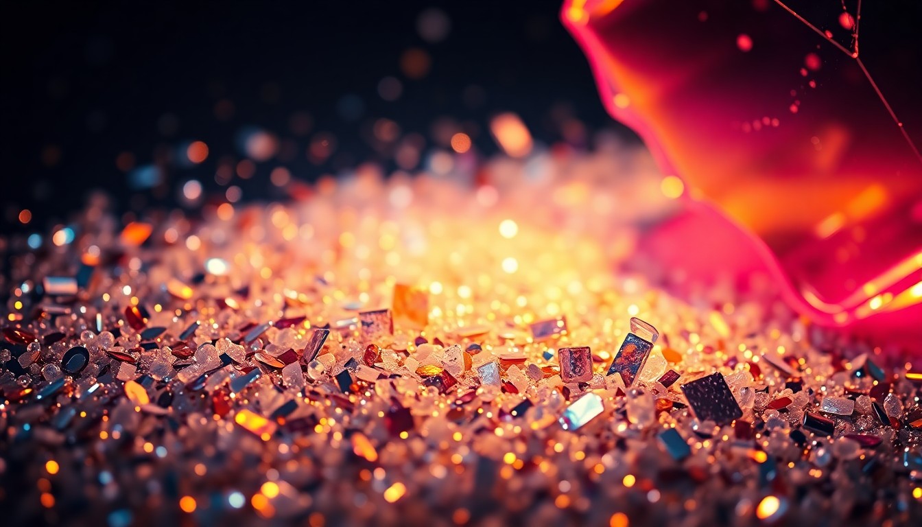 An abstract close-up image featuring a dramatic, high-contrast texture of glittering sequins and shattered glass, conceptually representing the glamour and celebrity culture of Bravo TV.