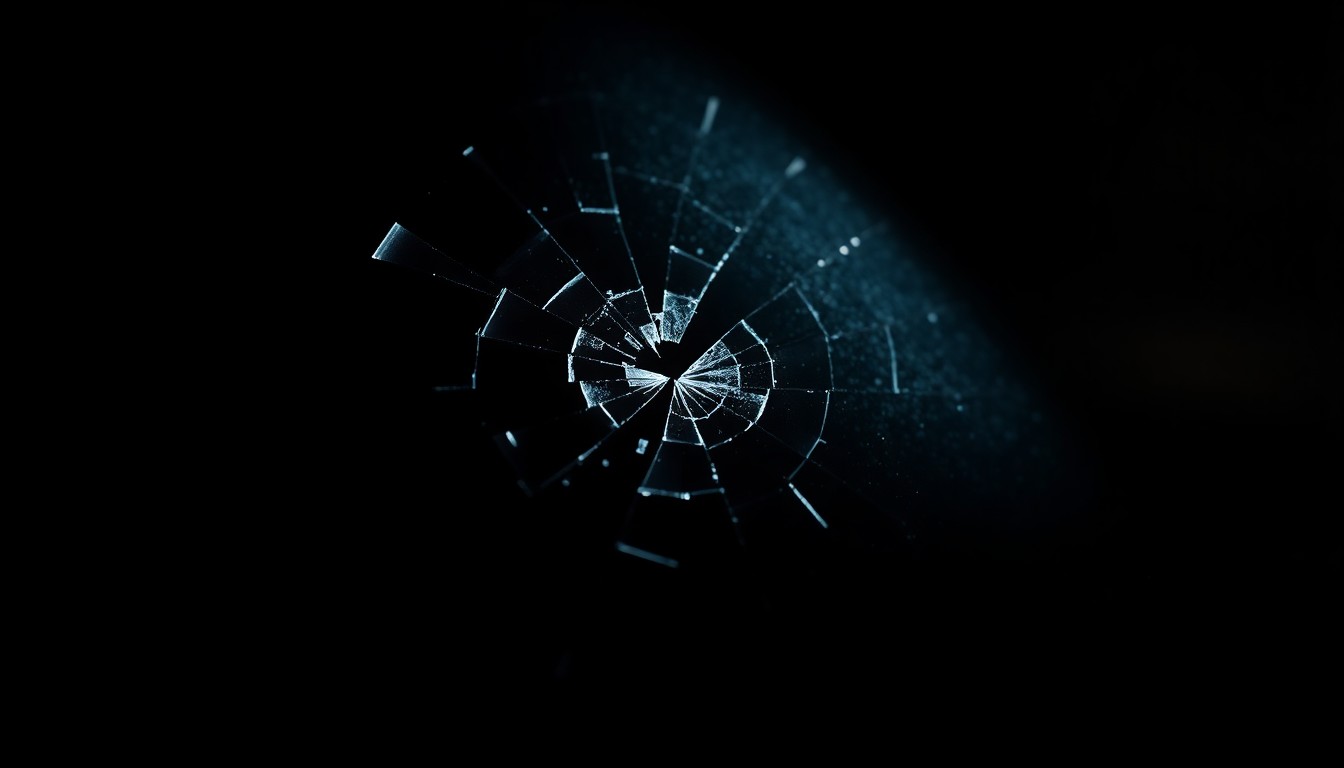 An extreme close-up of a shattered car sensor lens reflecting a faint red light, conceptually illustrating the vandalism of self-driving cars.