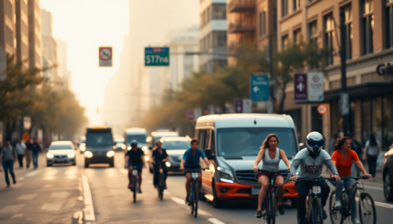 An abstract, impressionistic photograph in soft, warm tones depicting the blurred silhouettes of people walking, biking, and driving on a city street, conveying the energy and movement of urban mobility.