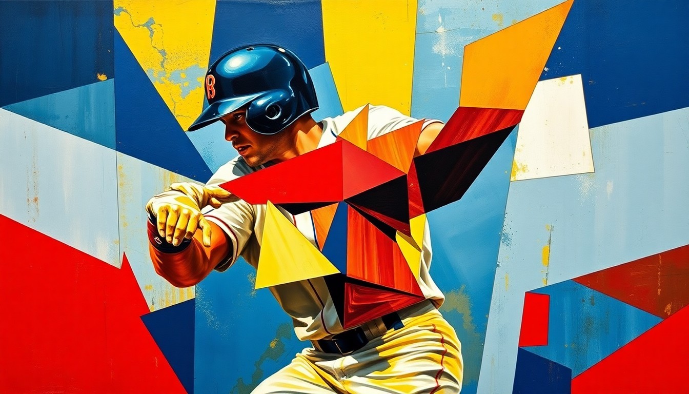 A fragmented, geometric painting depicting the motion of a baseball player swinging a bat, with sharp planes of color and overlapping perspectives.