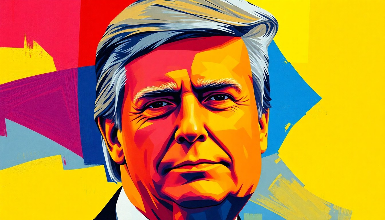 A dynamic, abstract painting featuring a politician's head repeated in overlapping, geometric shapes and vibrant colors, conveying the fractured nature of the debate over AI regulation in political campaigns.