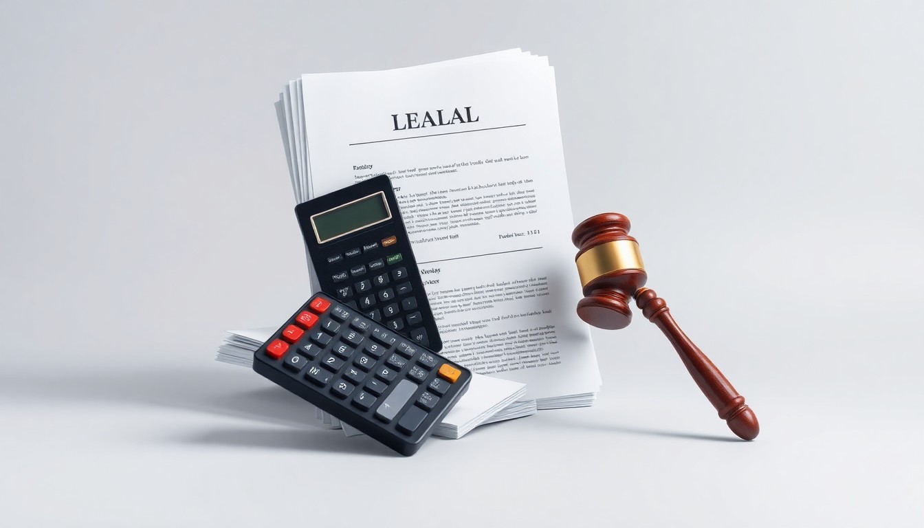 A high-end, photorealistic studio still life featuring a stack of legal documents, a calculator, and a gavel floating on a clean, monochromatic background, symbolizing the abstract concepts of corporate regulation, finance, and the legal system.