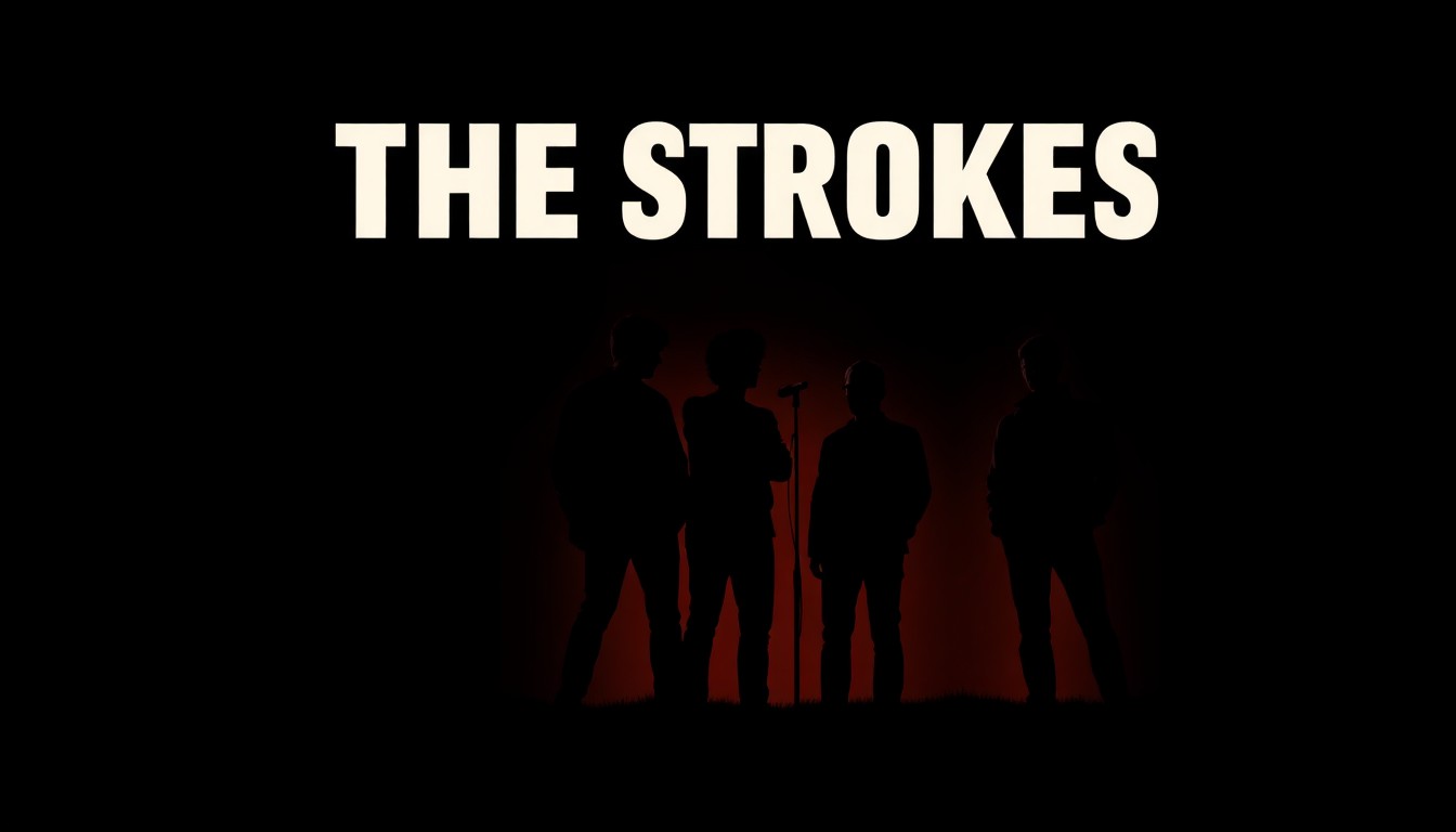 A striking black silhouette of the members of The Strokes set against a bold red background, conceptually representing the band's influential indie rock sound and their highly anticipated new album announcement.