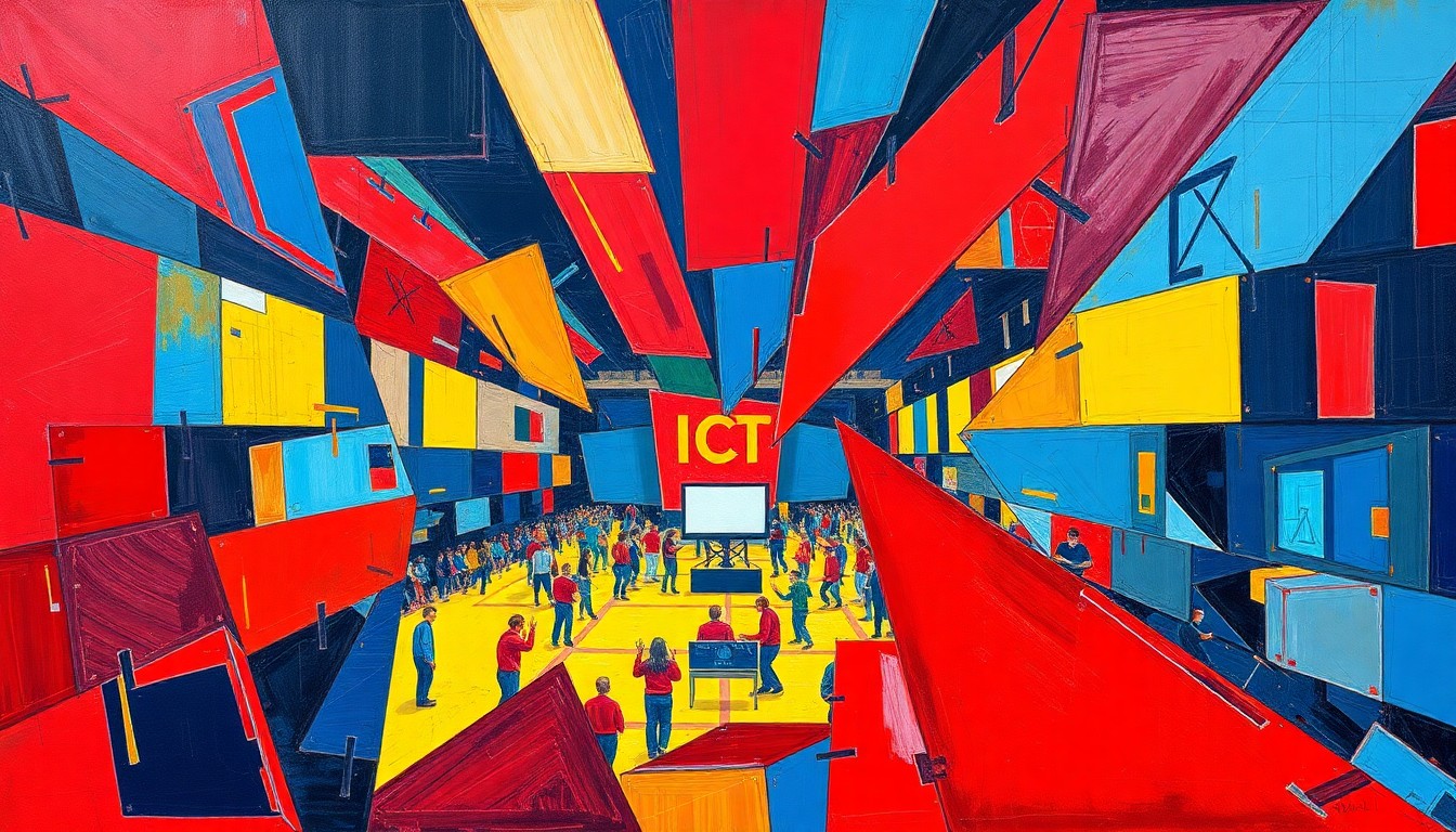 A fragmented, geometric painting depicting a high school robotics competition, with overlapping planes of red, blue, and yellow shapes representing the dynamic action and competition.