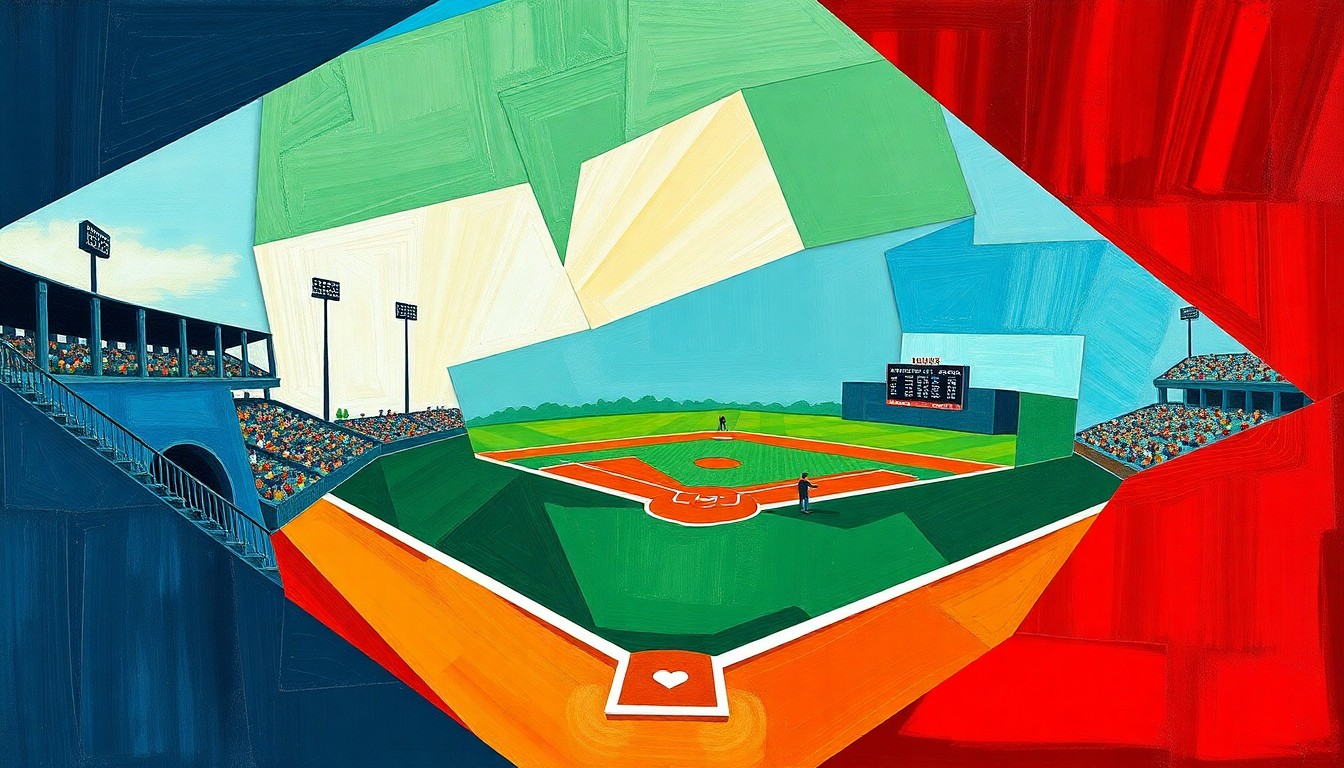 A cubist, geometric painting depicting the chaotic action of a high school baseball game, with players and the field fragmented into sharp, overlapping planes of color.